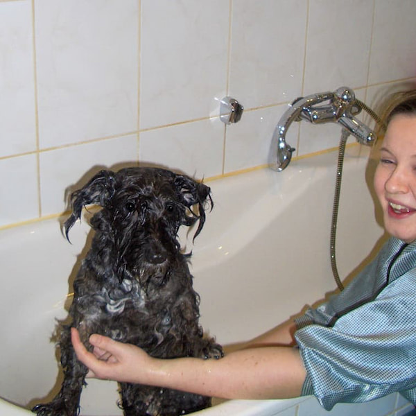Hundetrainerin Kristina beim Baden ihrer Hündin Sally