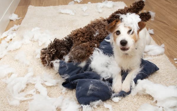 Junghunde - Zwei Hunde zwischen einem zerstörtem Kissen. Einer schaut unschuldig in die Kamera.